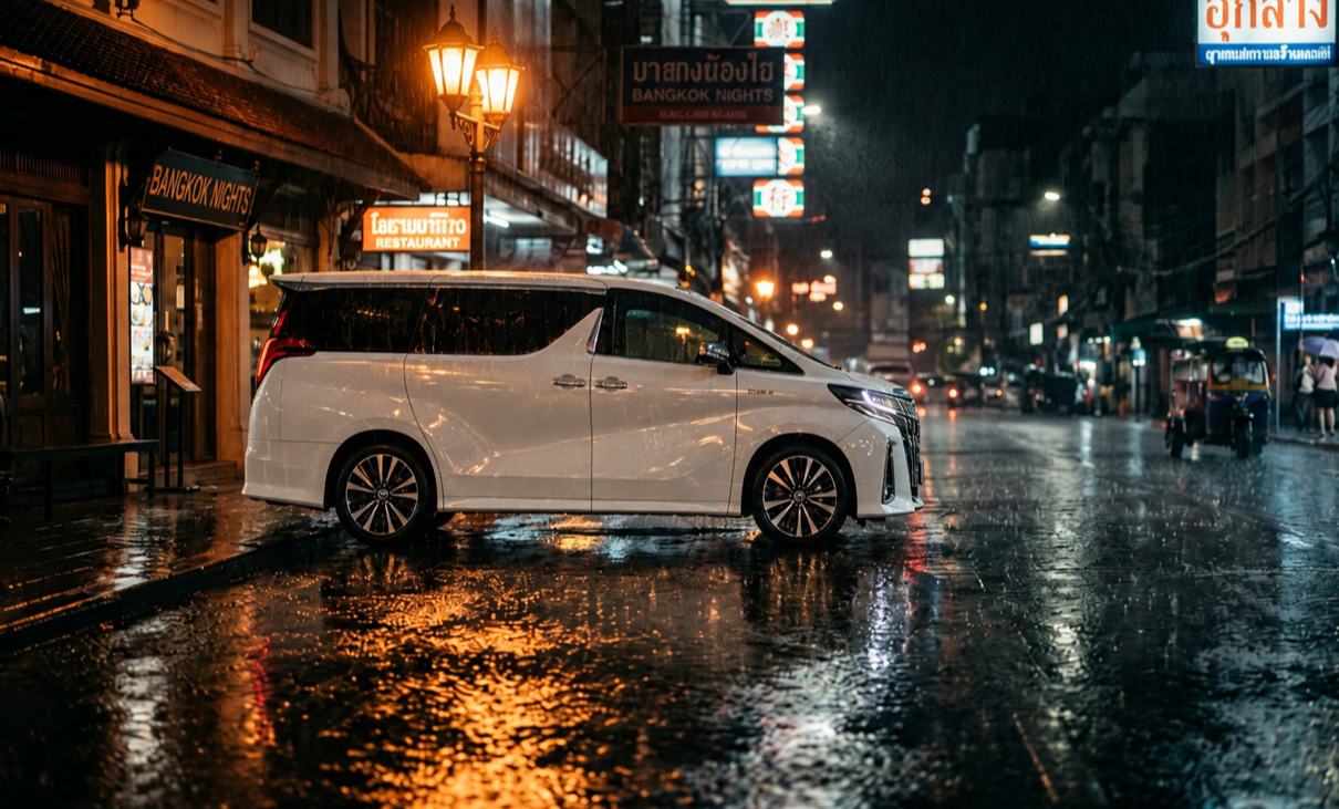 White Toyota Alphard executive vehicle on a rain-lit Bangkok avenue at night